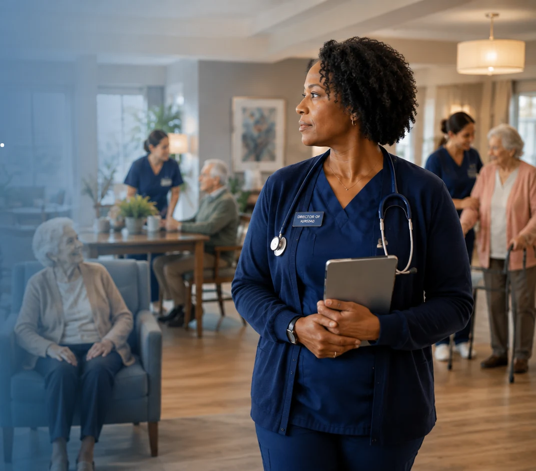 A director of nursing looking across an assisted living community