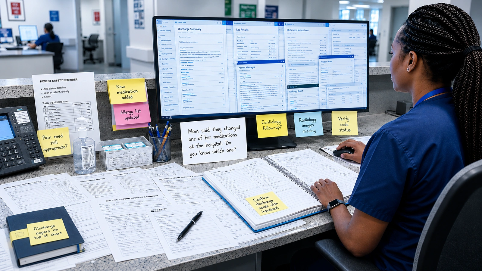 A community care leader at her desk piecing a resident's story together from discharge paperwork, specialist notes and several portal windows, with sticky notes asking new medication, dose changed, was PT ordered and cardiology follow-up, and a handwritten note from the resident's daughter