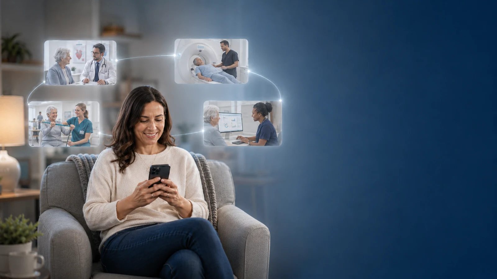 Mary's daughter at home, connected to scenes from across her mother's care journey