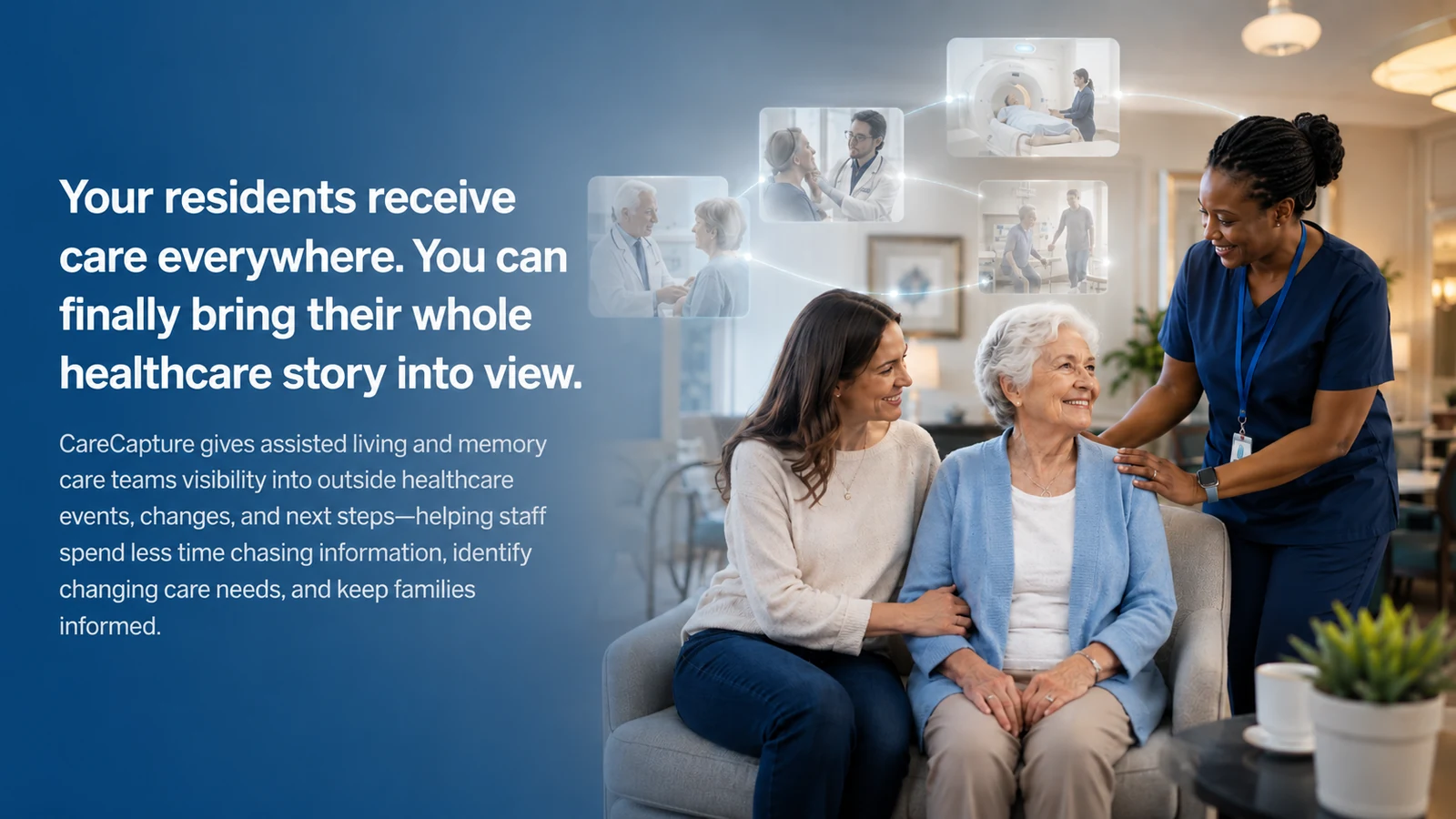 A resident, her daughter and a community nurse together, surrounded by scenes from her outside care journey