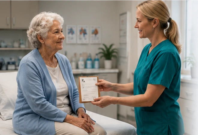 An office nurse handing Mary updated medication instructions