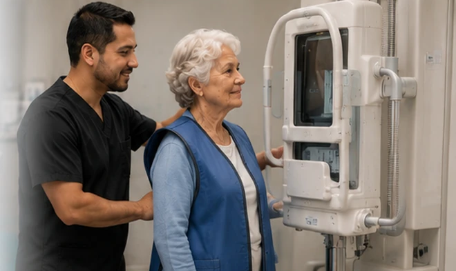 Mary receiving imaging with a technologist assisting her