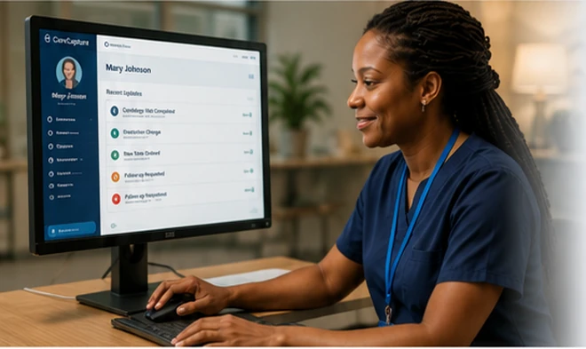 A community nurse reviewing Mary's CareCapture dashboard