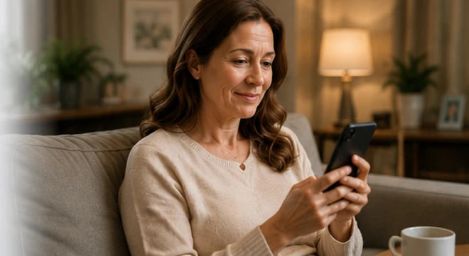 Mary's daughter at home viewing the CareCapture app
