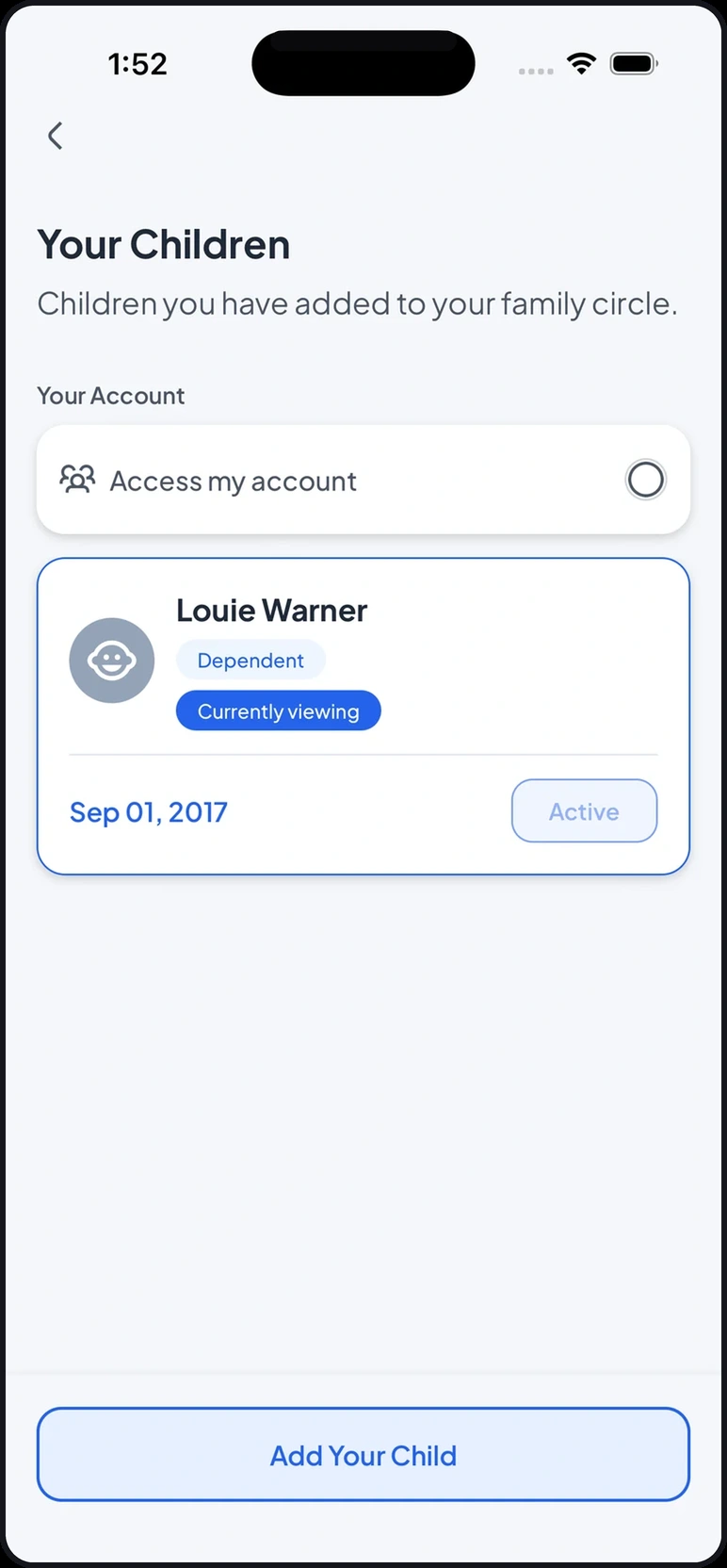 The CareCapture app family circle, showing profiles shared with trusted family members