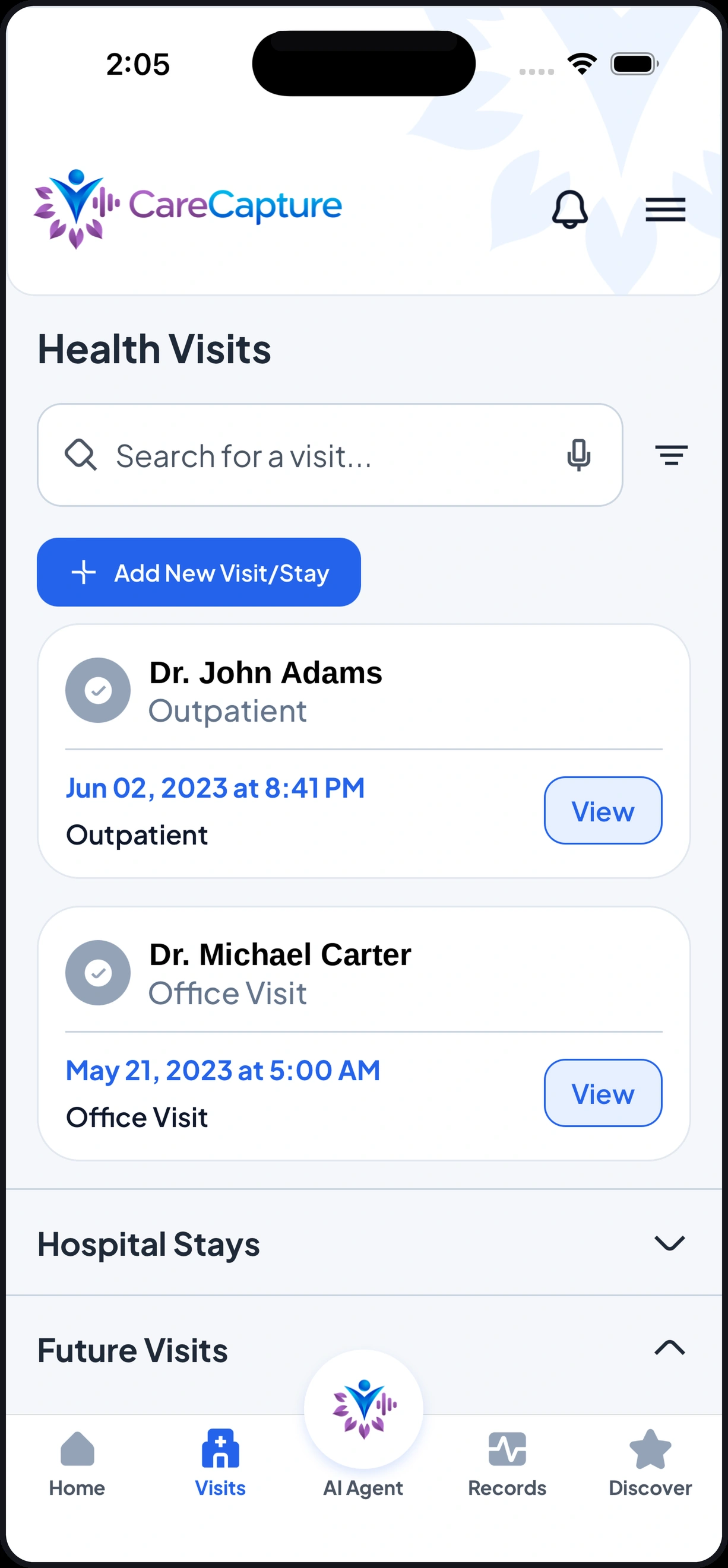 The CareCapture app showing health visits with clear summaries for each encounter