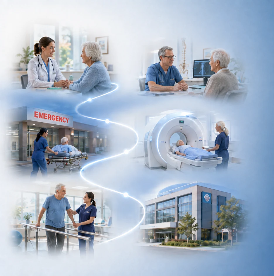 Primary care, specialist care, hospital, imaging, rehabilitation and another health system as stops along one healthcare journey