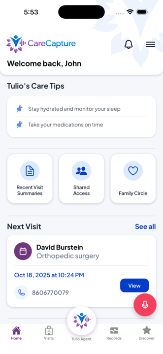 CareCapture mobile app interface